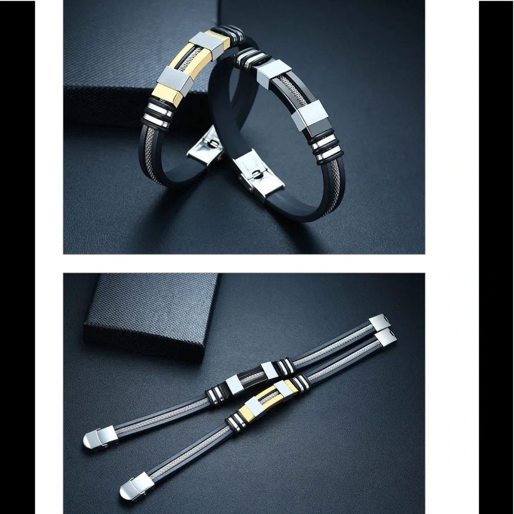 Water resistant Groove Wrap Men Metal Poly Stainless Steel Duo Bracelet
